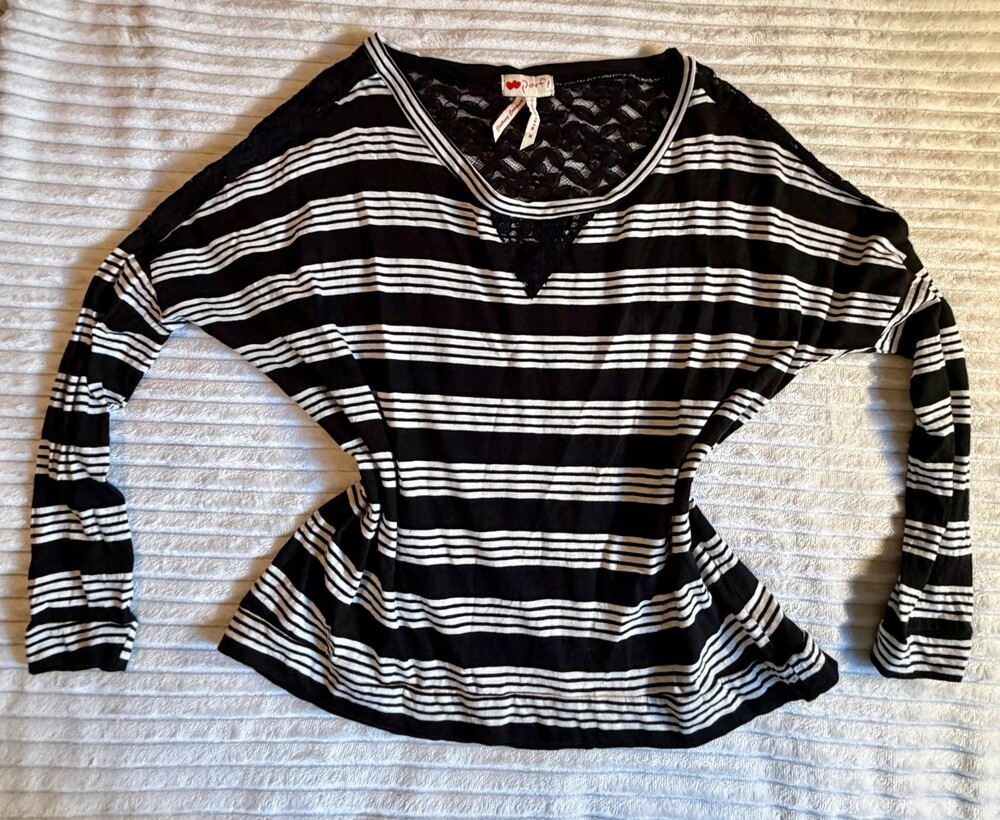 Poof! Black & White Striped Grunge Top - Lace Back - Medium